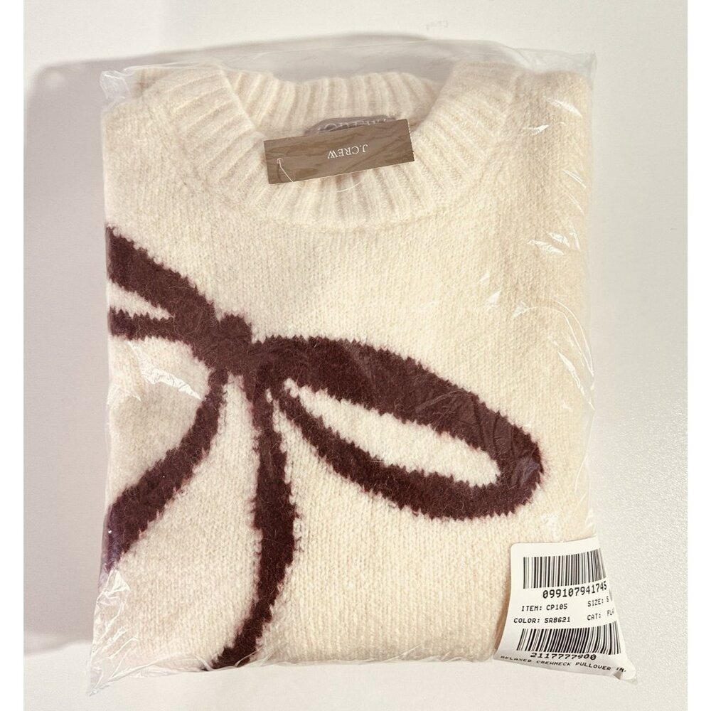 J.Crew Womens Relaxed Bow Print Crewneck Pullover Small Cream Knit Coquette NWT - Picture 13 of 14